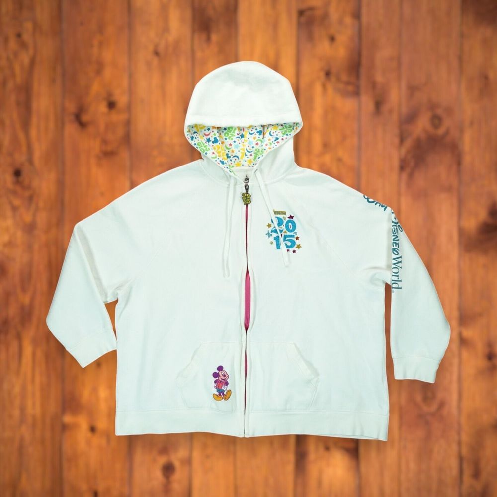 Disney Parks Women's Sweater 3X Hooded White‎ Full Zip 2015 Mickey Embroidered